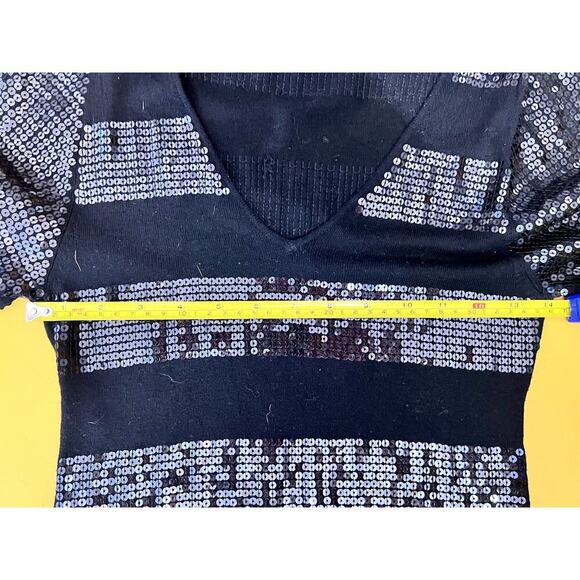 Express Black Sequin Embellished Striped V-Neck 3/4 Sleeve Y2K Style Mini Dress - Picture 8 of 8